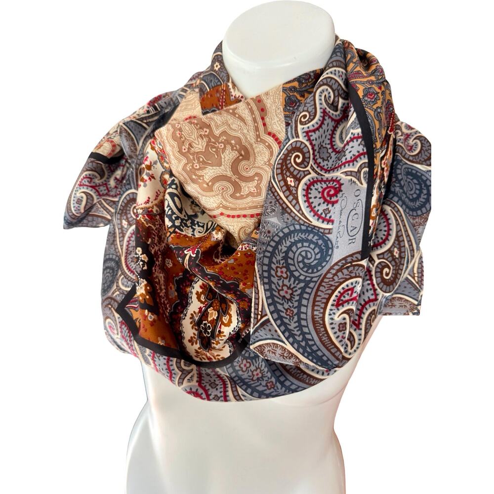 Vintage Oscar de la Renta Silk Paisley Patchwork Scarf 1980s NWT Brown Rust 34 - Picture 6 of 9